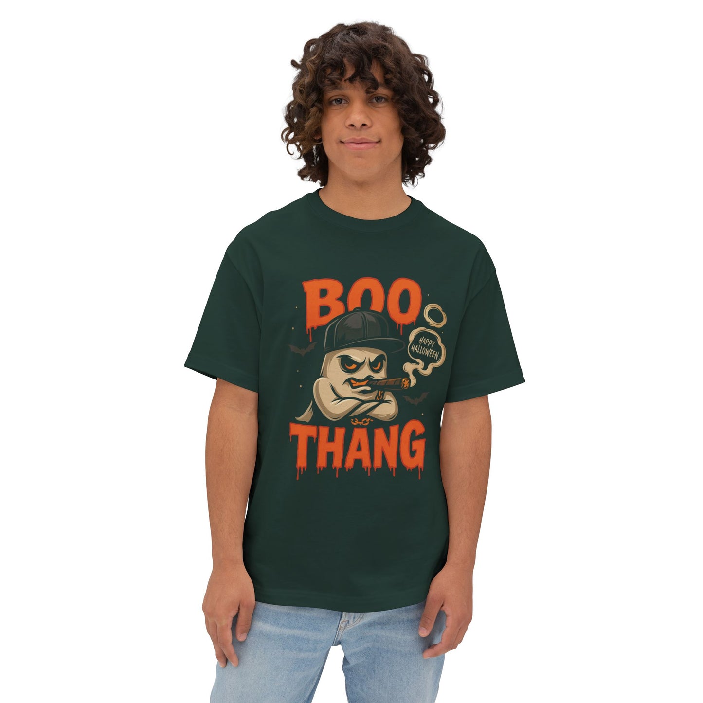 Person wearing a green t-shirt with 'BOO THANG' graphic design on a white background