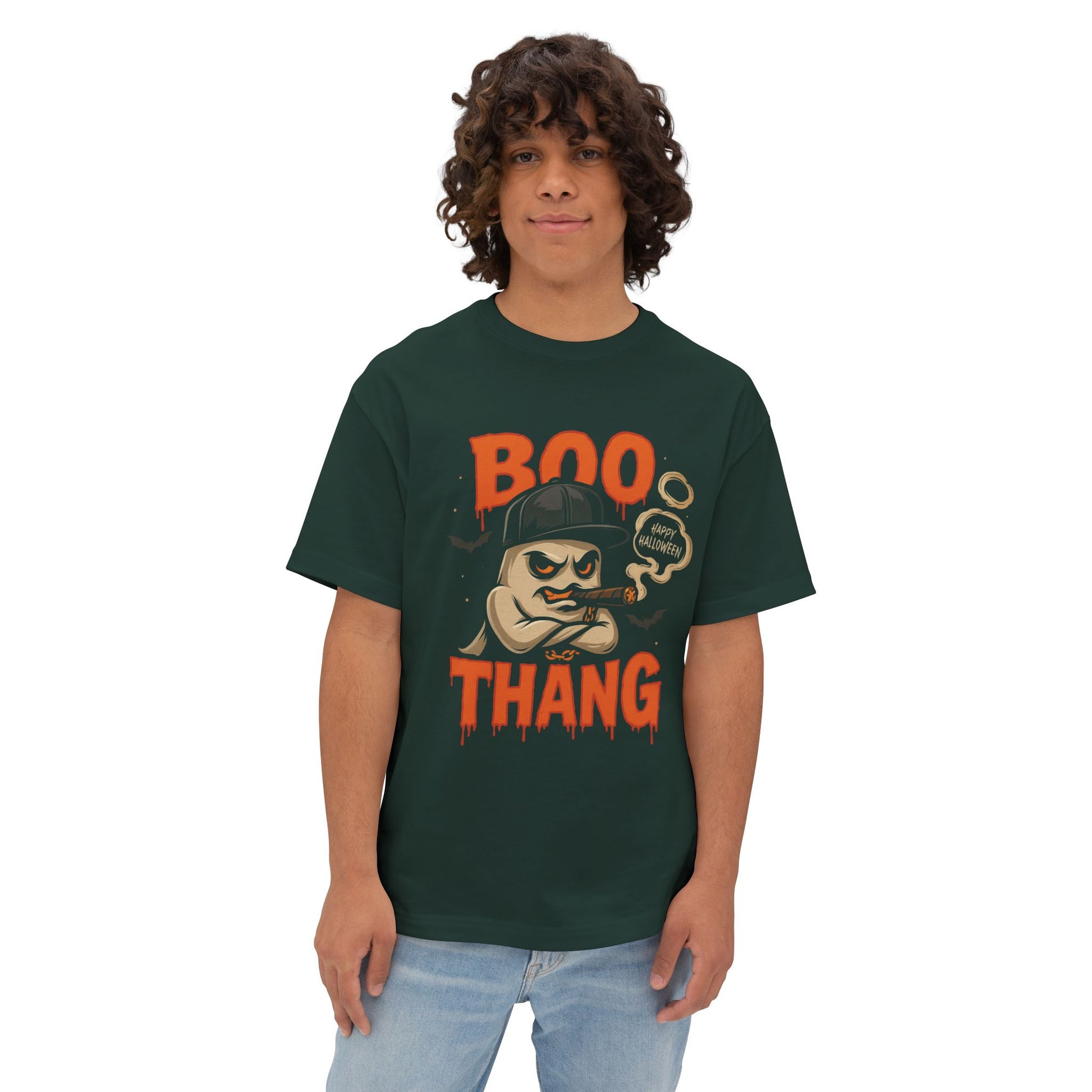 Person wearing a green t-shirt with 'BOO THANG' graphic design on a white background
