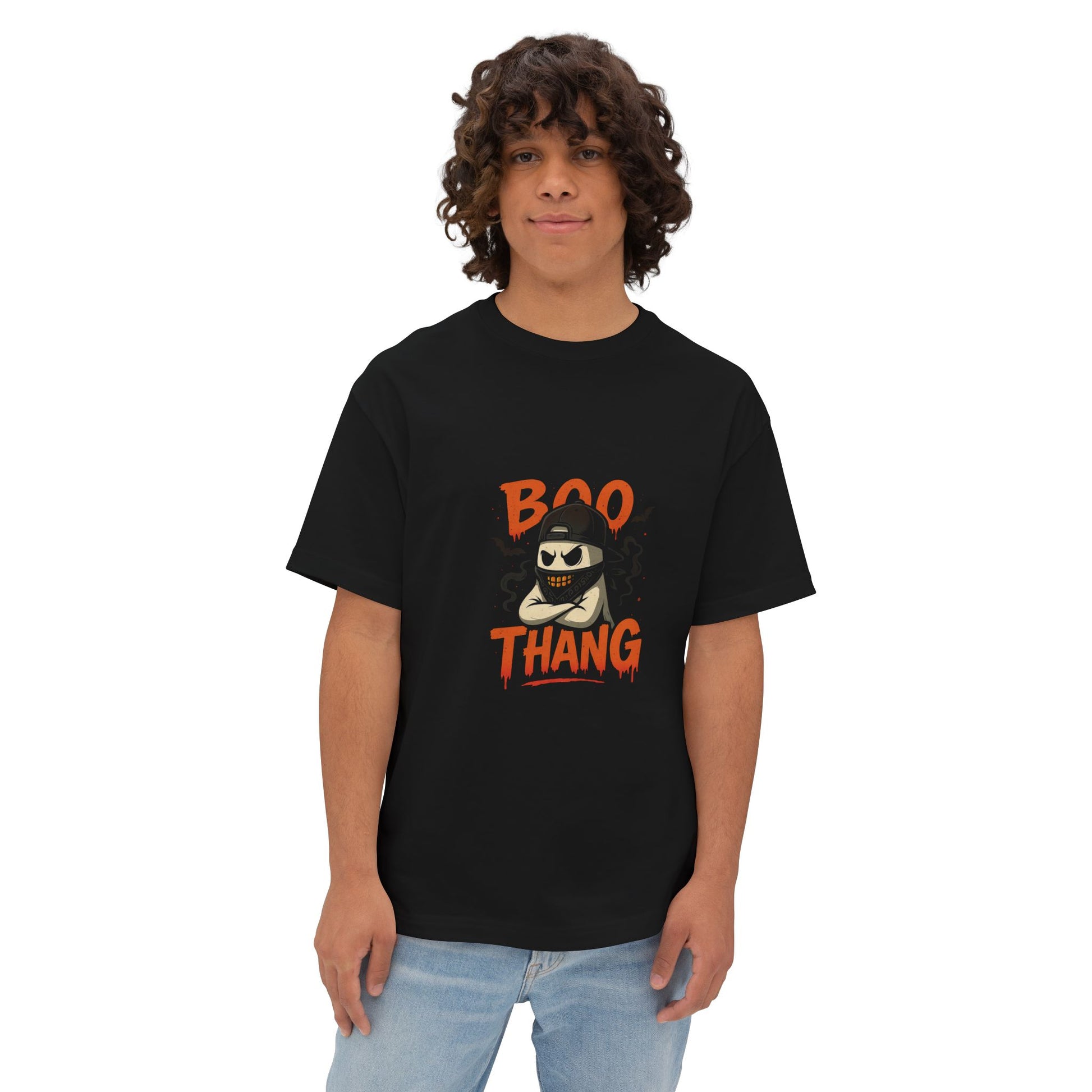 Person wearing a black t-shirt with 'BOO THANG' design on a white background