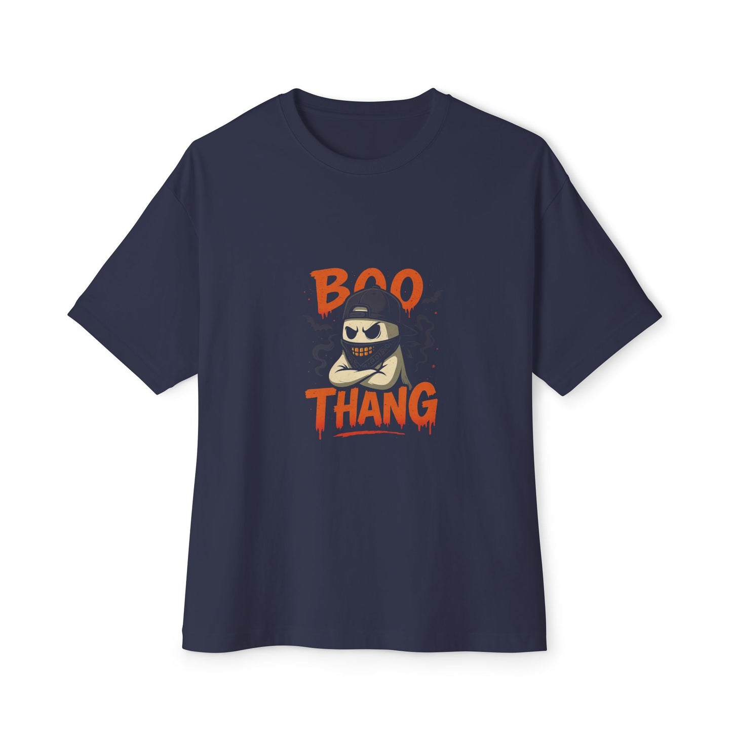 Navy blue t-shirt with 'BOO THANG' graphic design on a white background