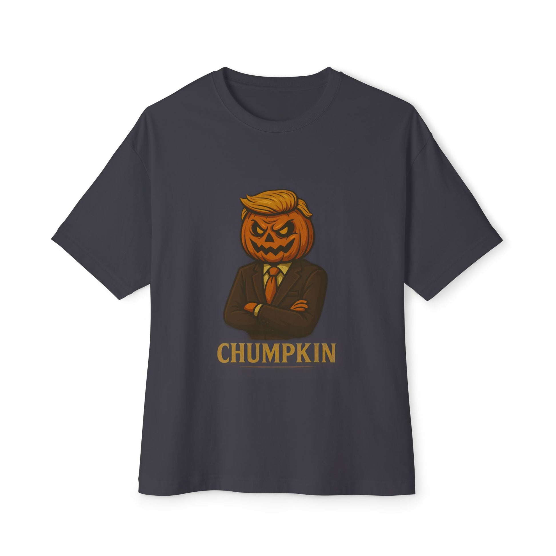 Dark gray t-shirt with a graphic of a pumpkin in a suit and tie and the word 'CHUMPKIN' on a white background.