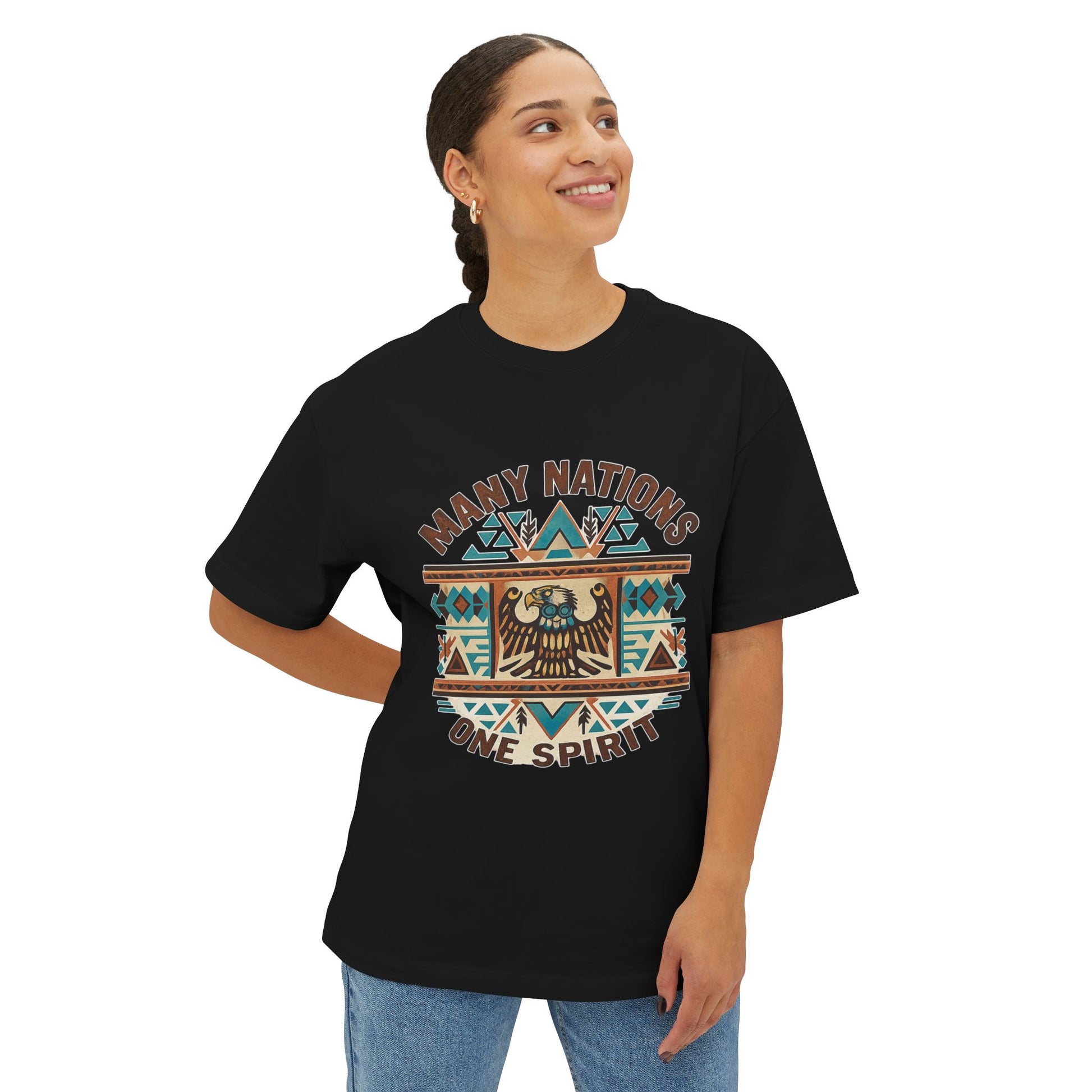Model wearing a black t-shirt with a colorful graphic design on a white background