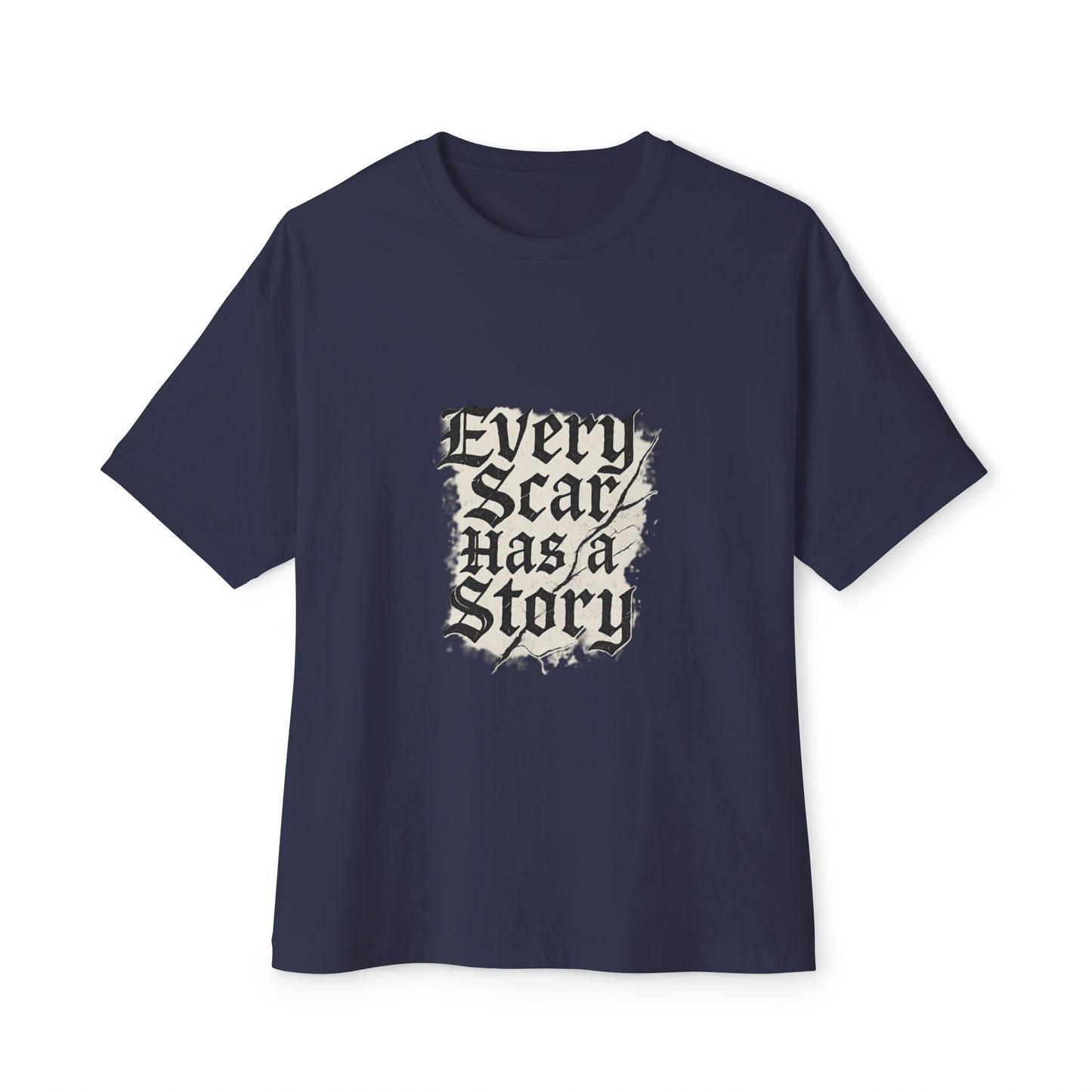 Navy blue t-shirt with 'Every Scar Has a Story' text on a white background