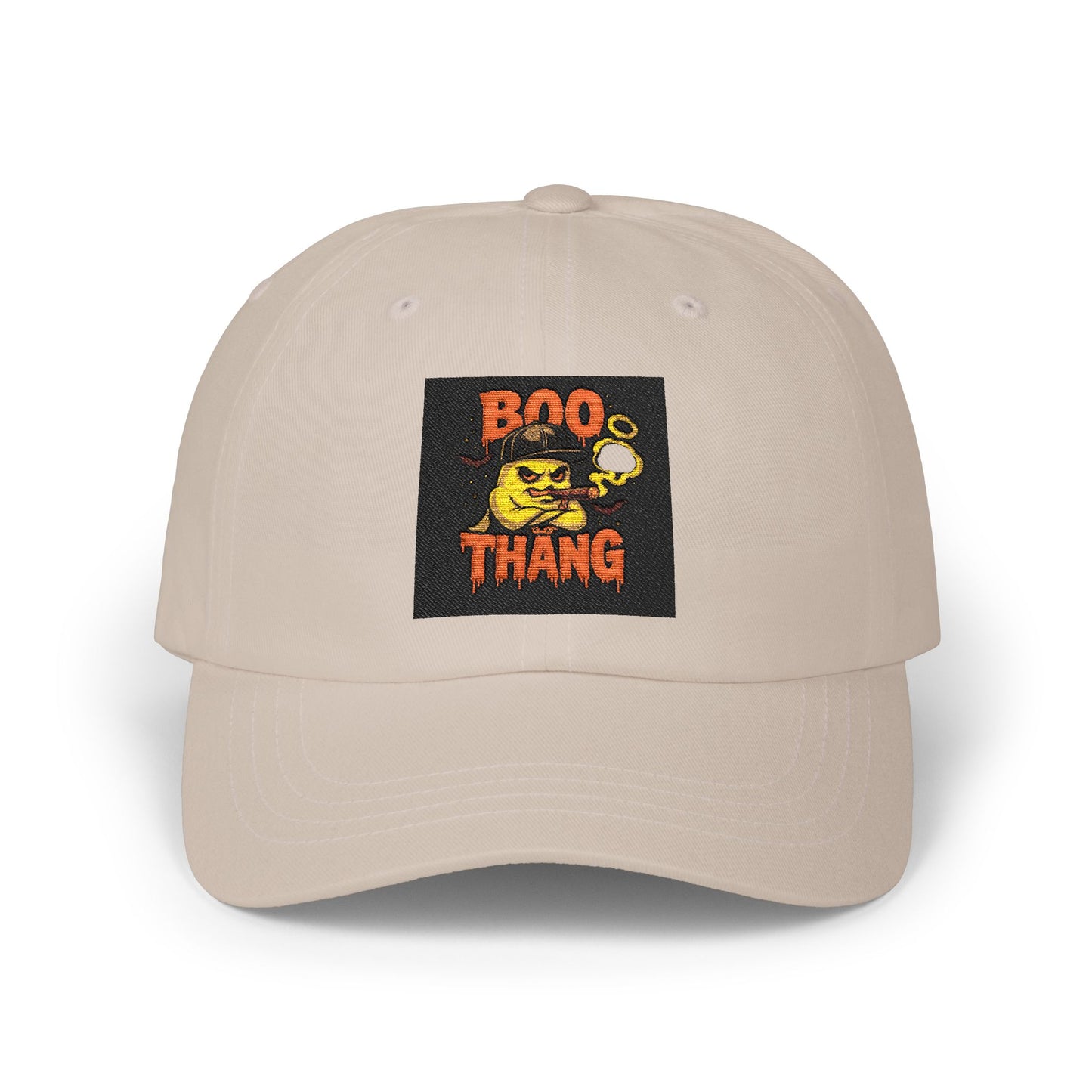 Beige cap with 'Boo Thang' graphic on a white background