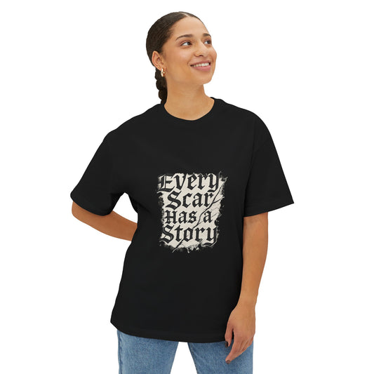 Person wearing a black t-shirt with 'Every Scar Has a Story' text on a white background
