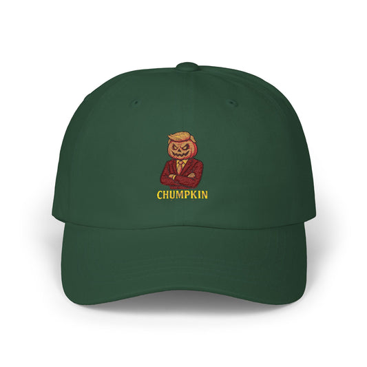 Green cap with a pumpkin face and 'CHUMPKIN' text on a white background