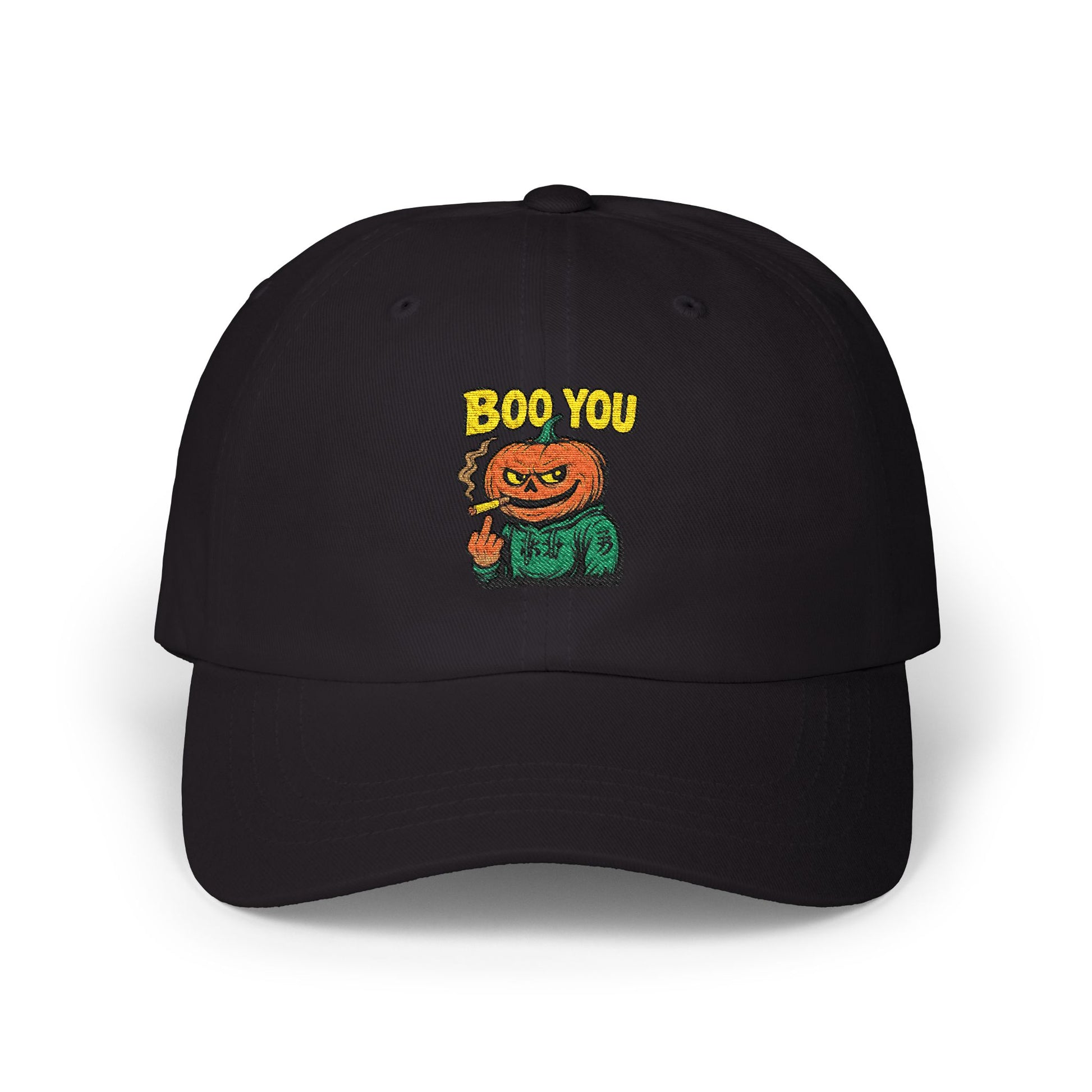 Black cap with Halloween design and 'BOO YOU' text on a white background