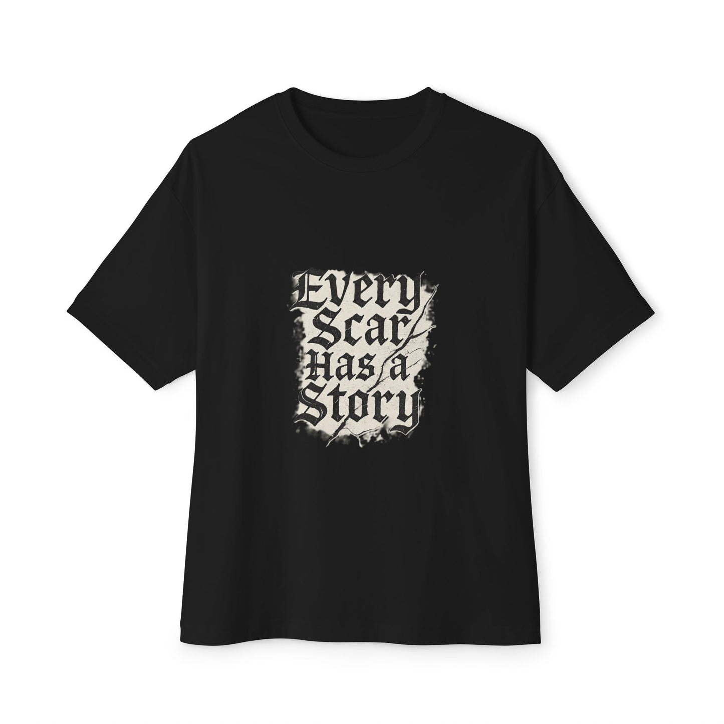 Black t-shirt with 'Every Scar Has a Story' text design on a white background