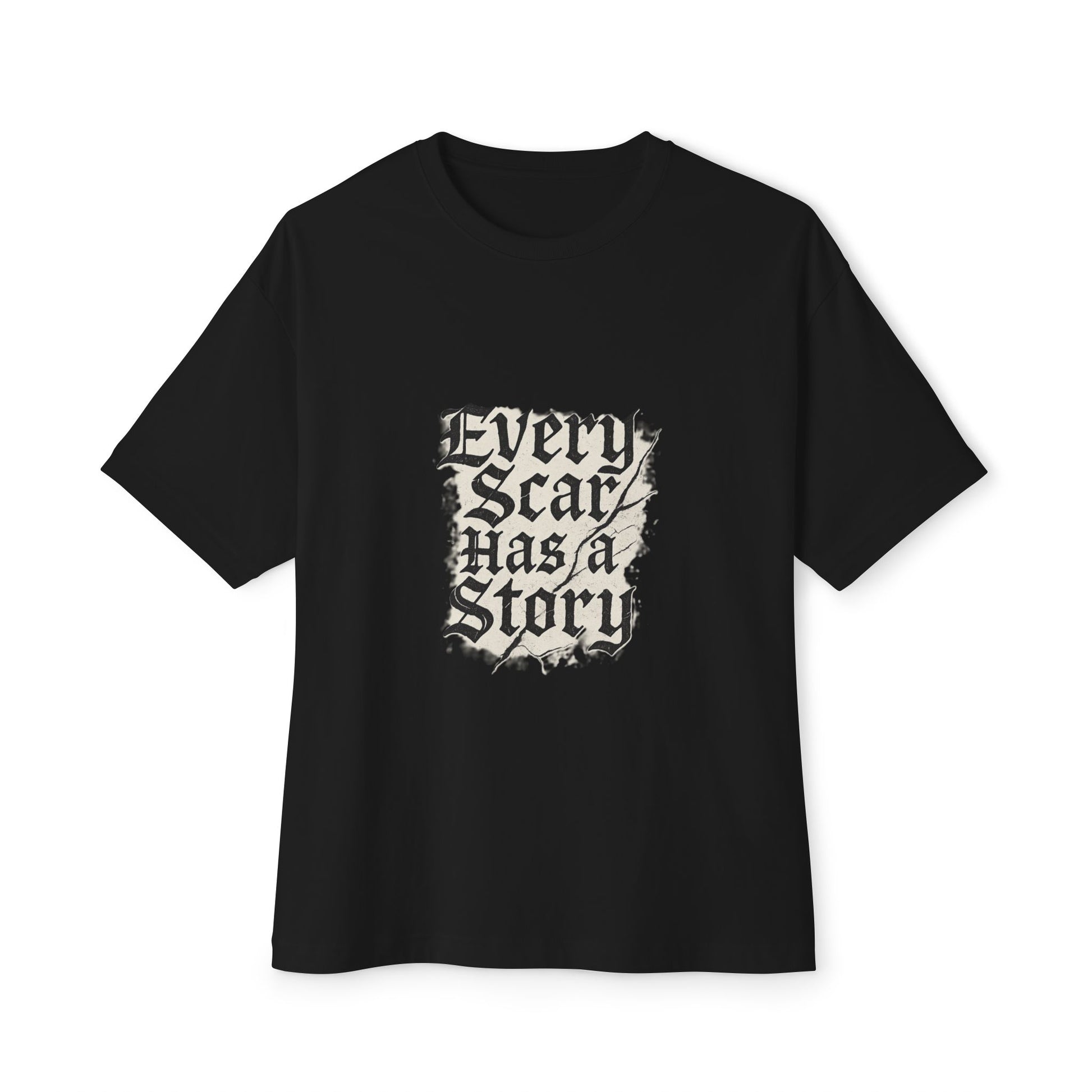 Black t-shirt with 'Every Scar Has a Story' text design on a white background