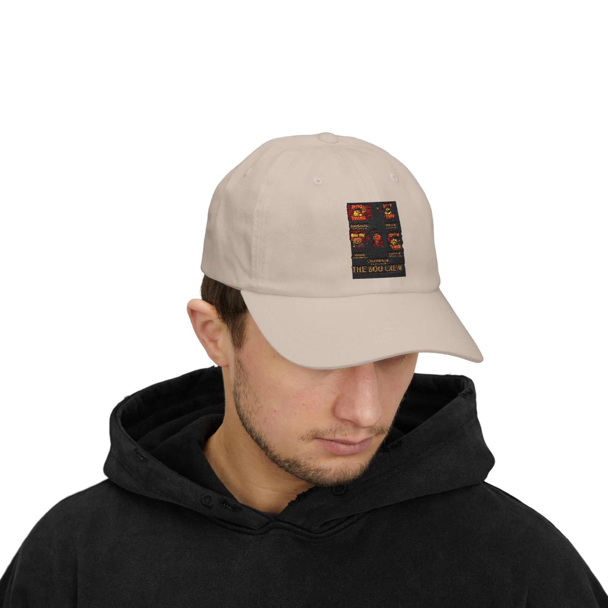 Man wearing a beige cap with a patch on a white background