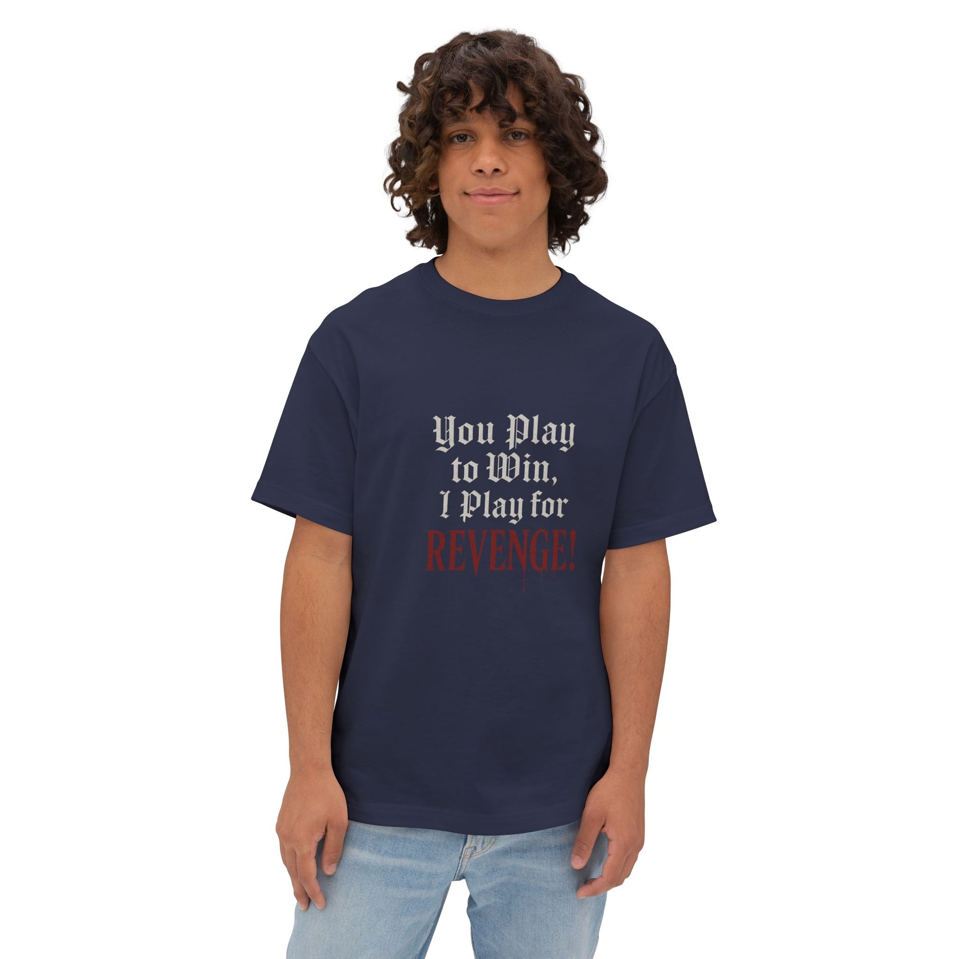 Person wearing a navy blue t-shirt with text on a white background