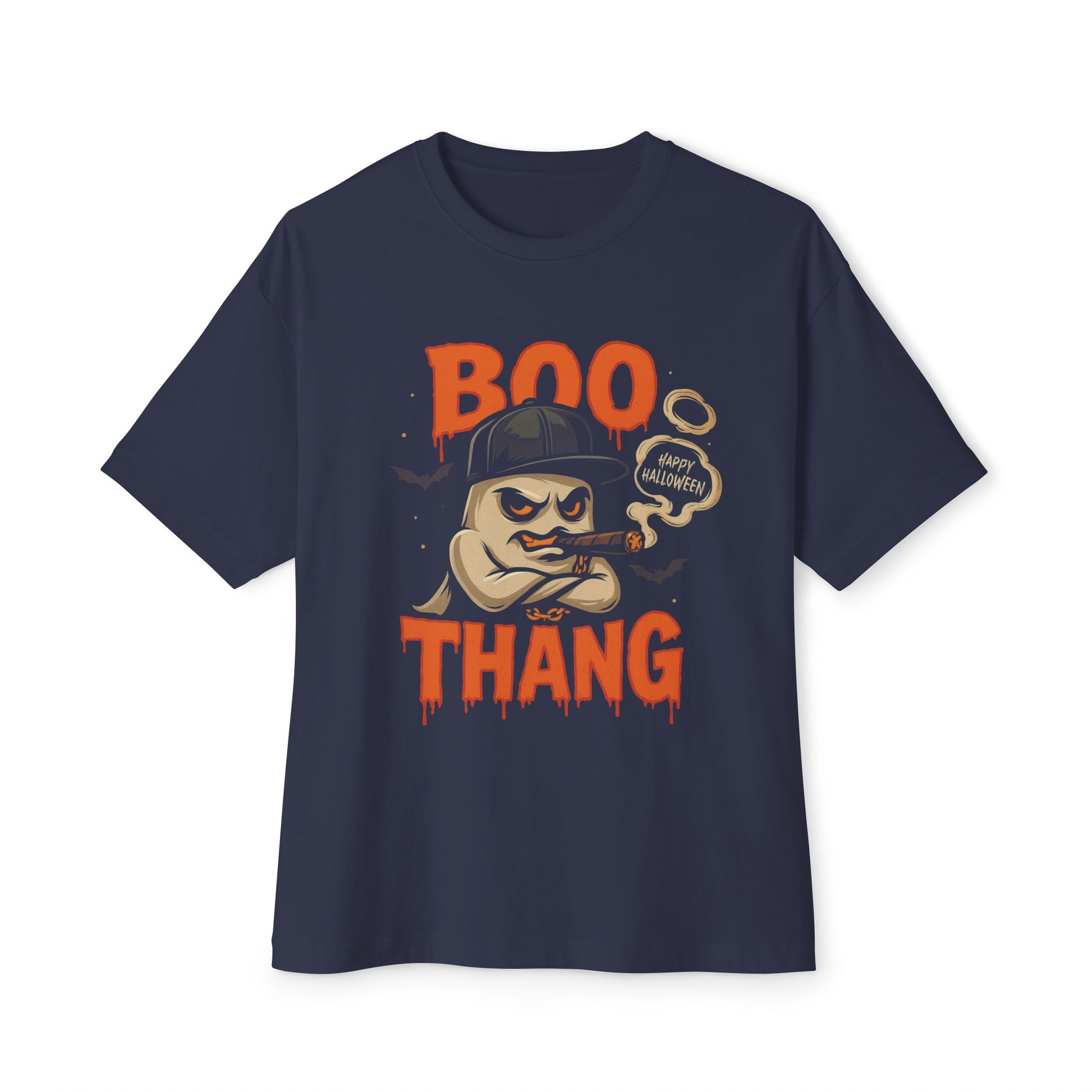 Navy blue t-shirt with 'Boo Thang' graphic design on a white background