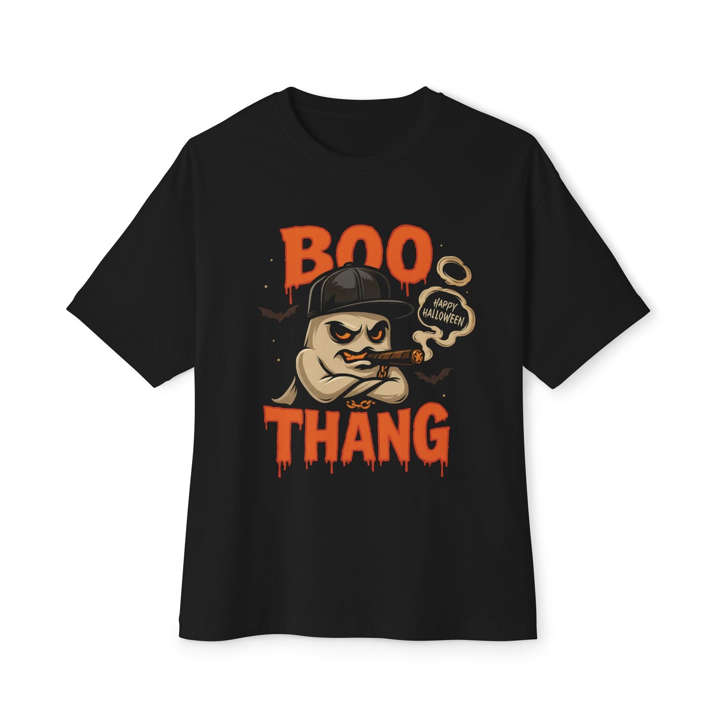 Black t-shirt with 'BOO THANG' graphic design on a white background