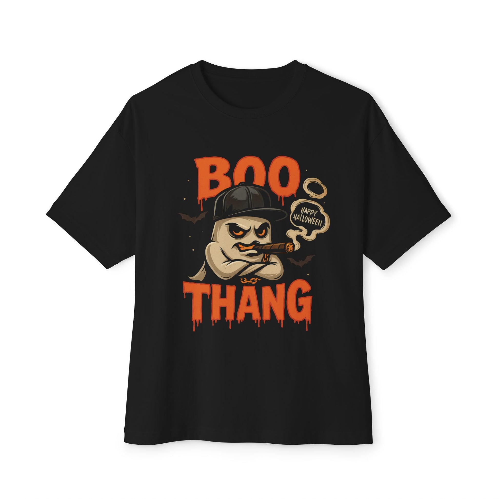 Black t-shirt with 'BOO THANG' graphic design on a white background