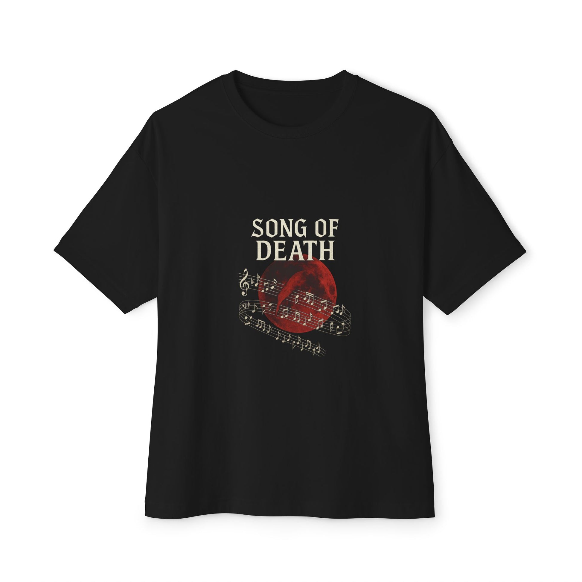 Black t-shirt with 'Song of Death' graphic design on a white background