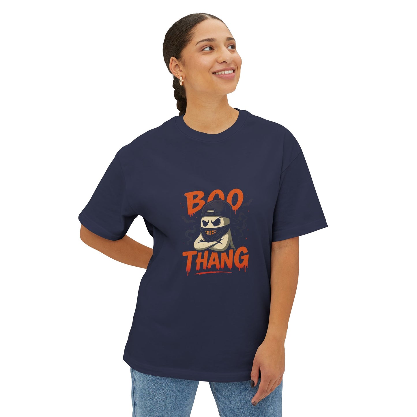 Person wearing a navy blue t-shirt with 'BOO THANG' graphic design on a white background
