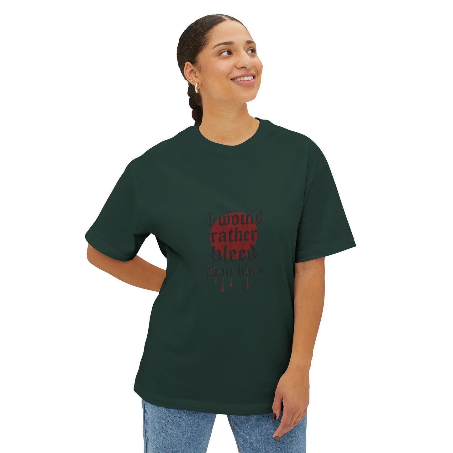 Person wearing a green t-shirt with a red graphic and text on a white background