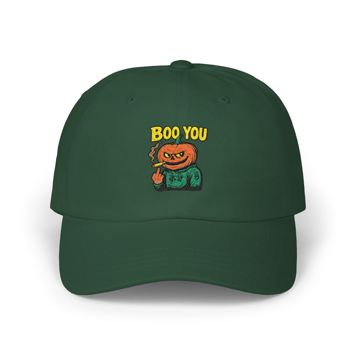 Green cap with a pumpkin face and 'BOO YOU' text on a white background