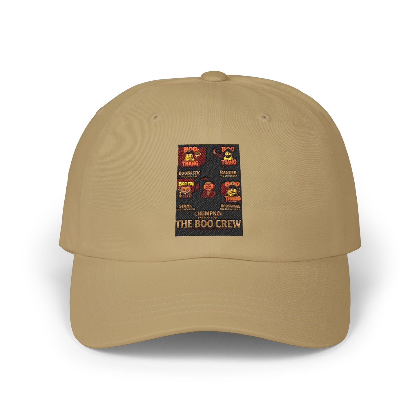 Beige cap with a patch featuring 'The Boo Crew' design on a white background