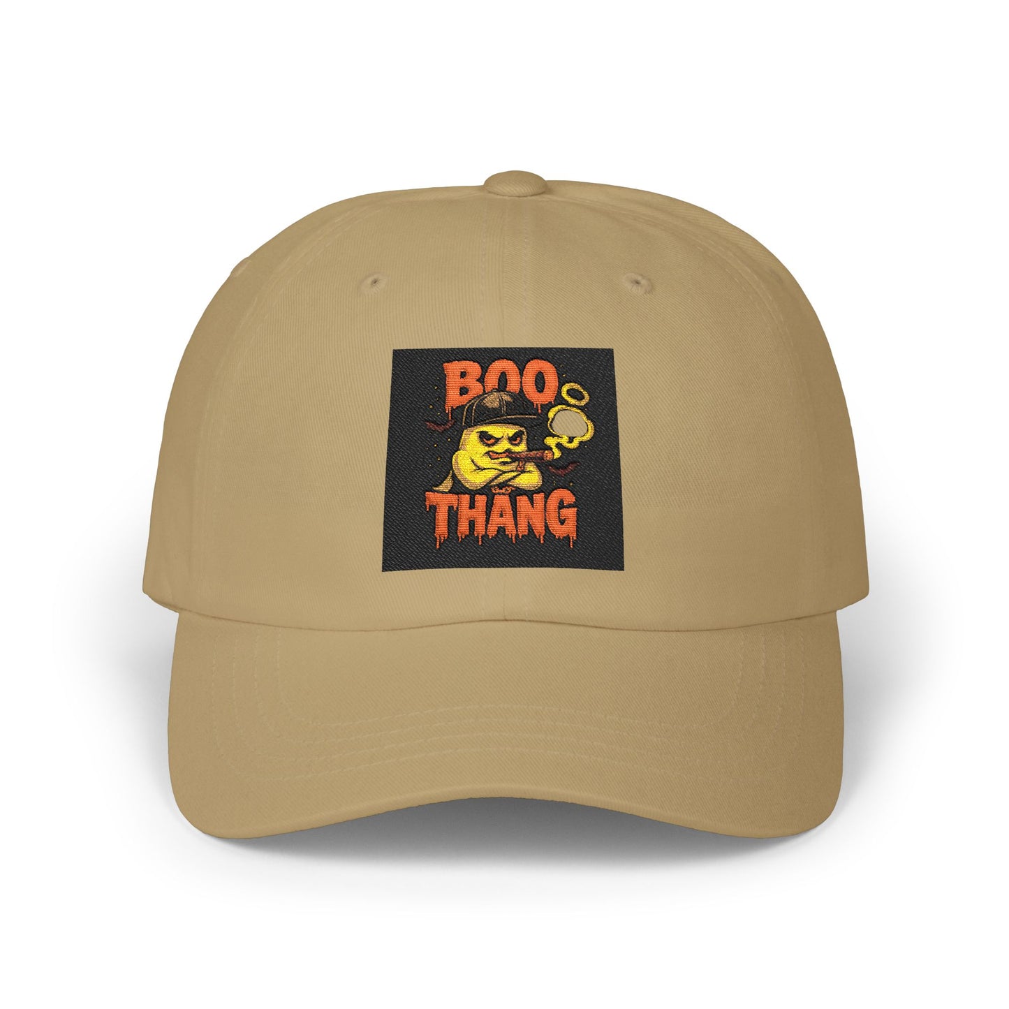 Beige cap with a 'Boo Thang' patch on a white background