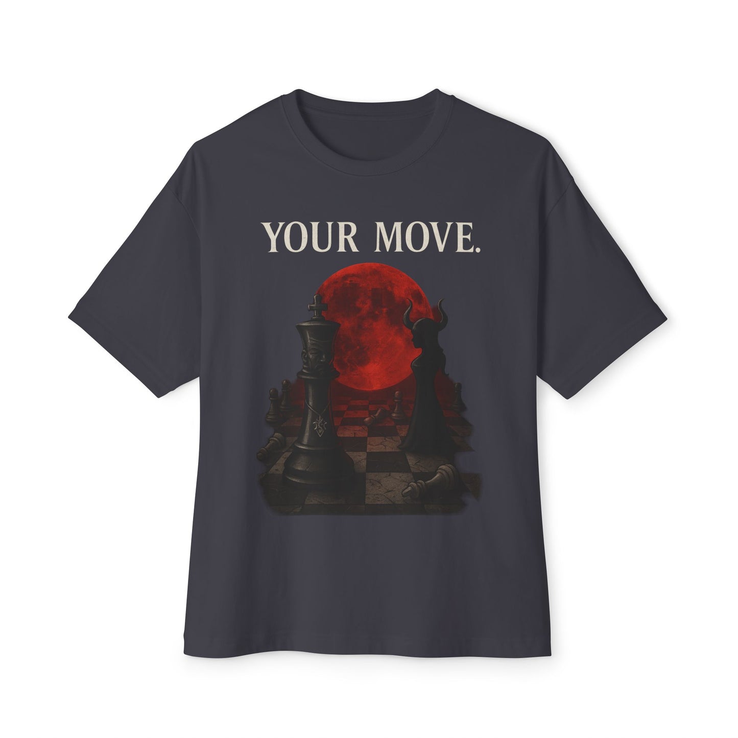 Gray t-shirt with a graphic of a red circle and text 'YOUR MOVE.' on a white background
