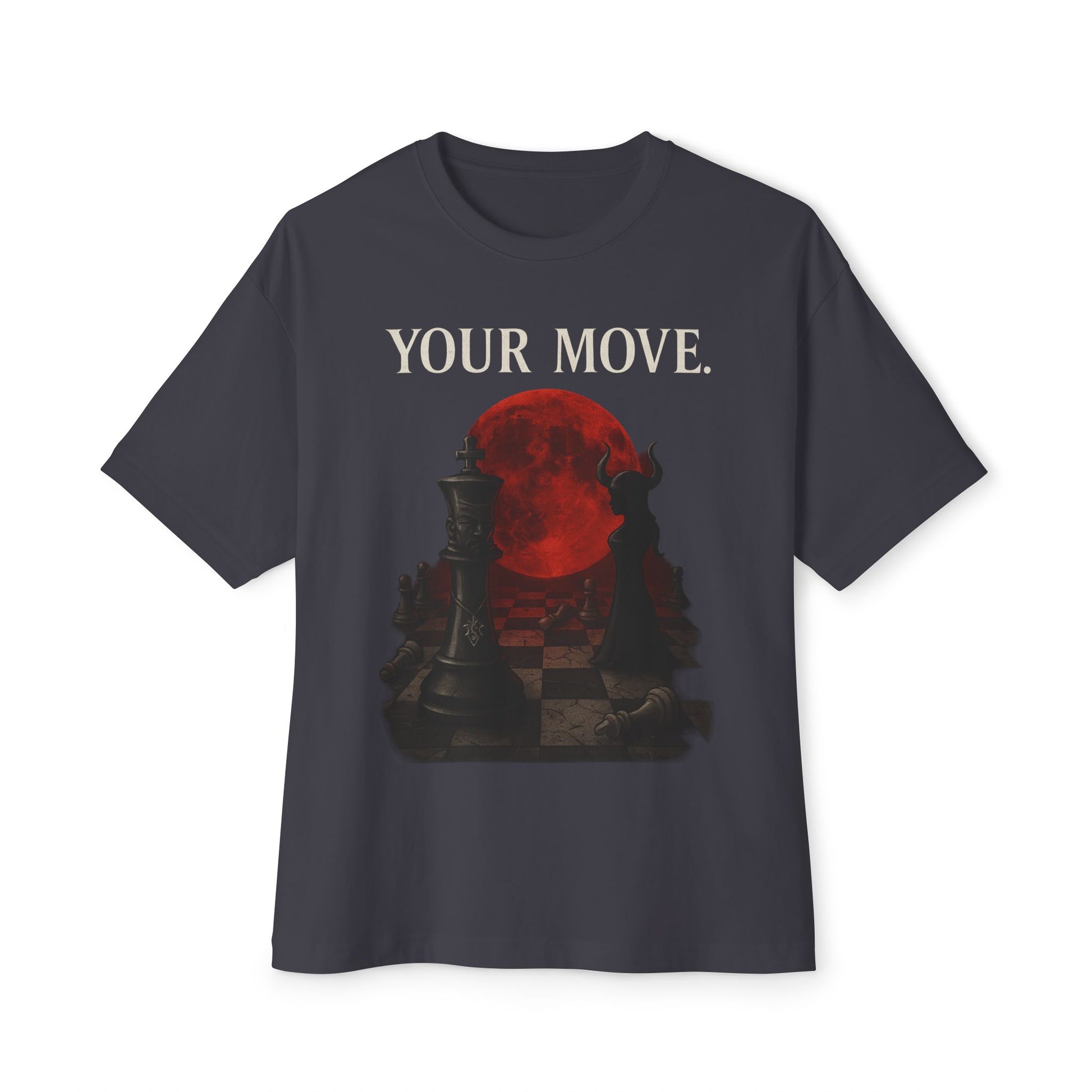 Gray t-shirt with a graphic of a red circle and text 'YOUR MOVE.' on a white background