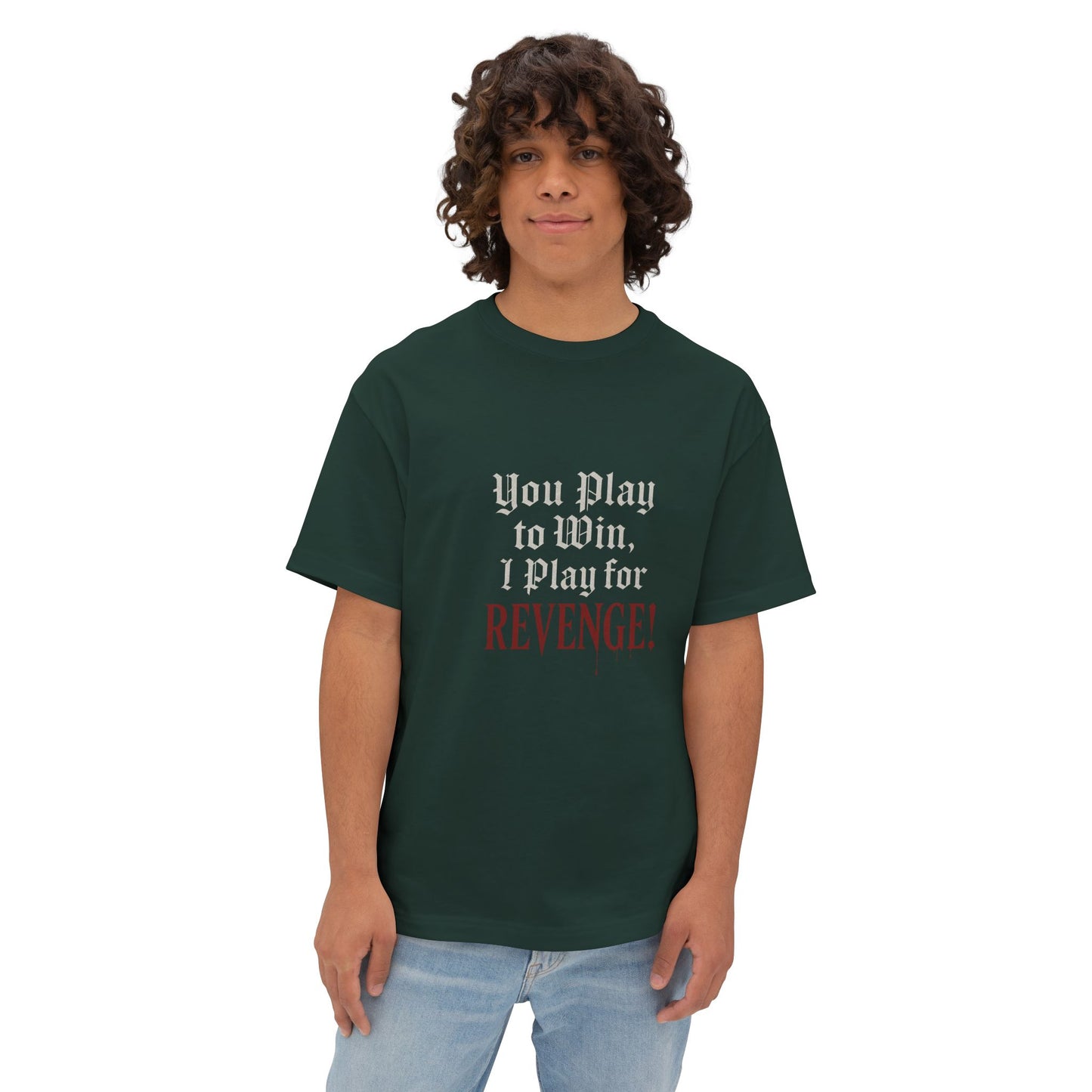 Person wearing a green t-shirt with text on a white background