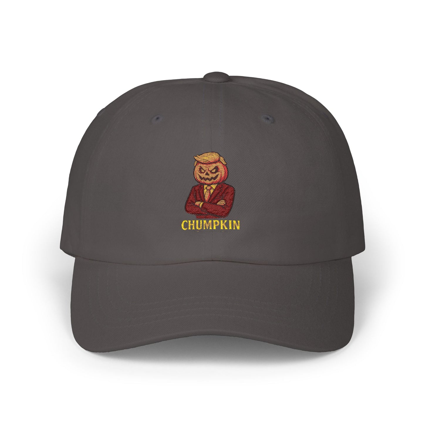 Dark gray cap with 'CHUMPKIN' logo featuring a pumpkin face in a suit on a white background