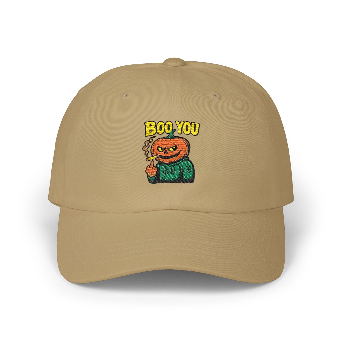 Beige cap with a pumpkin character and 'BOO YOU' text on a white background
