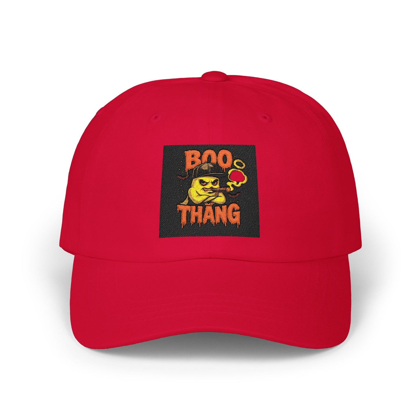 Red cap with 'Boo Thang' graphic on a white background