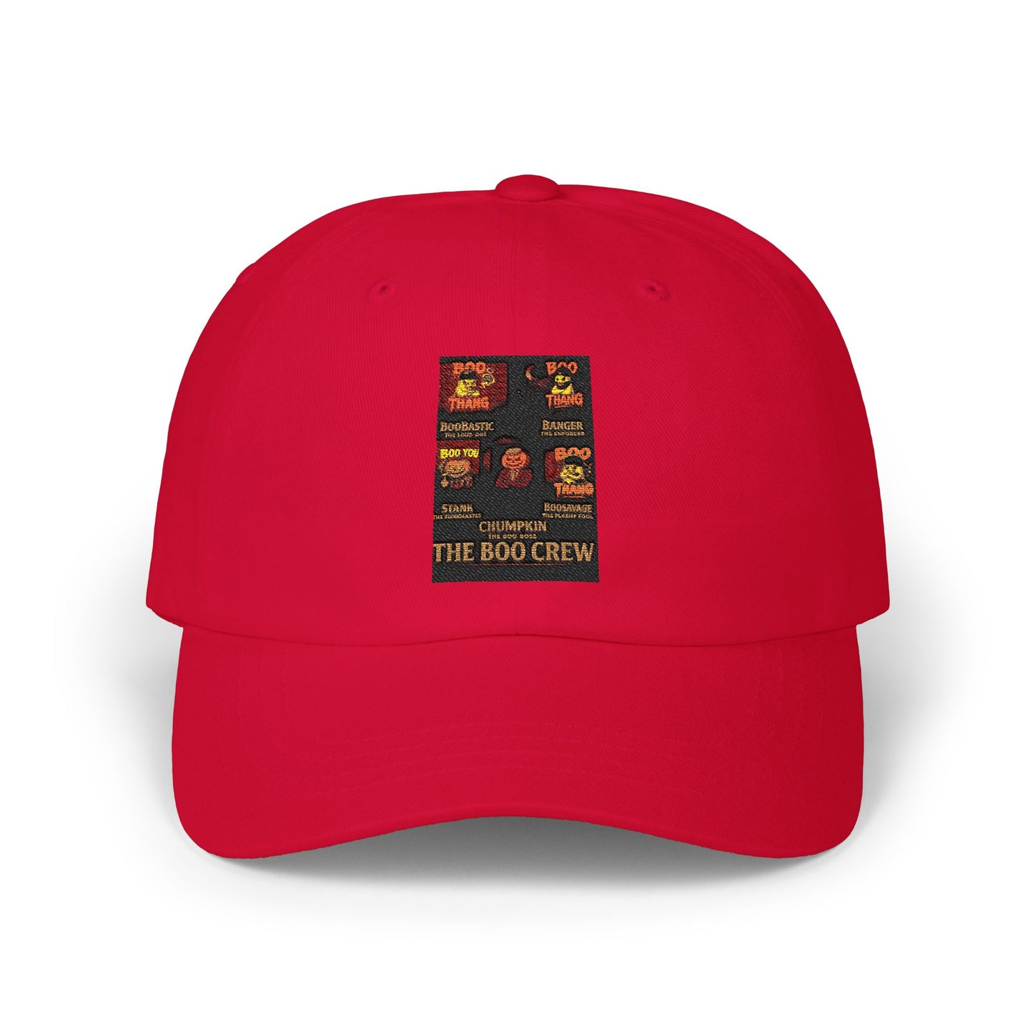 Red cap with a black patch featuring text and graphics on a white background