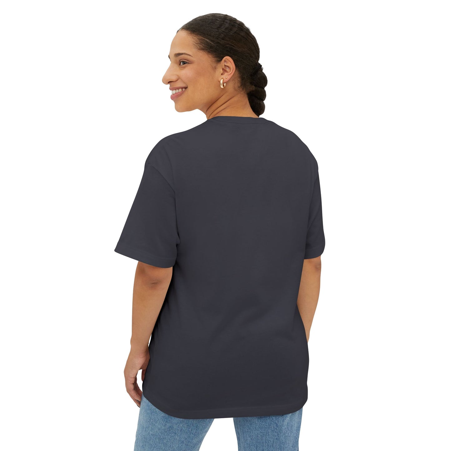Woman wearing a dark gray t-shirt on a white background