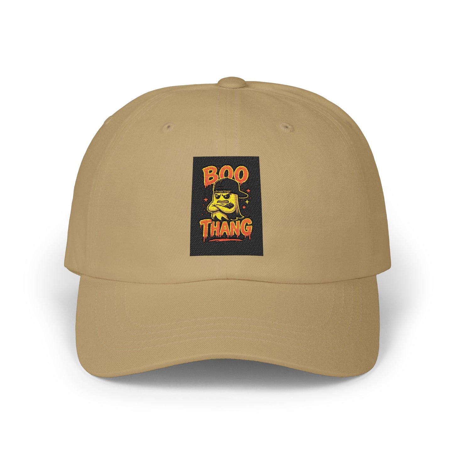 Beige cap with a 'Boo Thang' patch on a white background