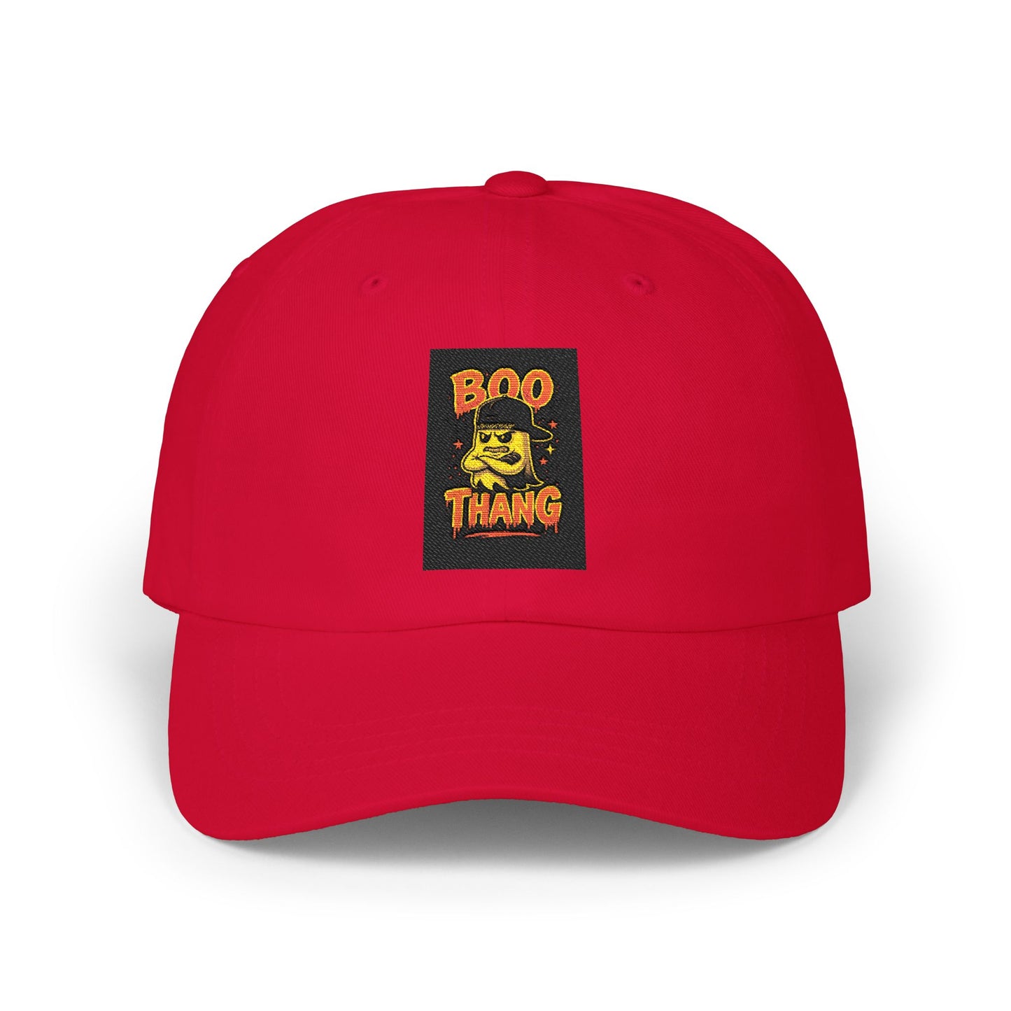 Red cap with 'Boo Thang' patch on a white background