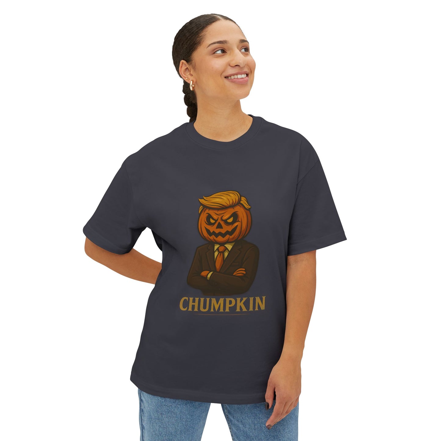 Person wearing a t-shirt with a pumpkin head design and 'CHUMPKIN' text on a white background