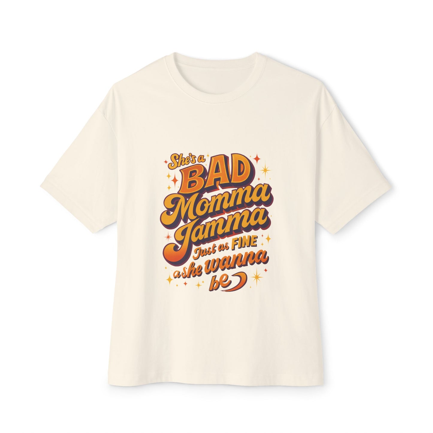 Beige t-shirt with colorful text design on a white background