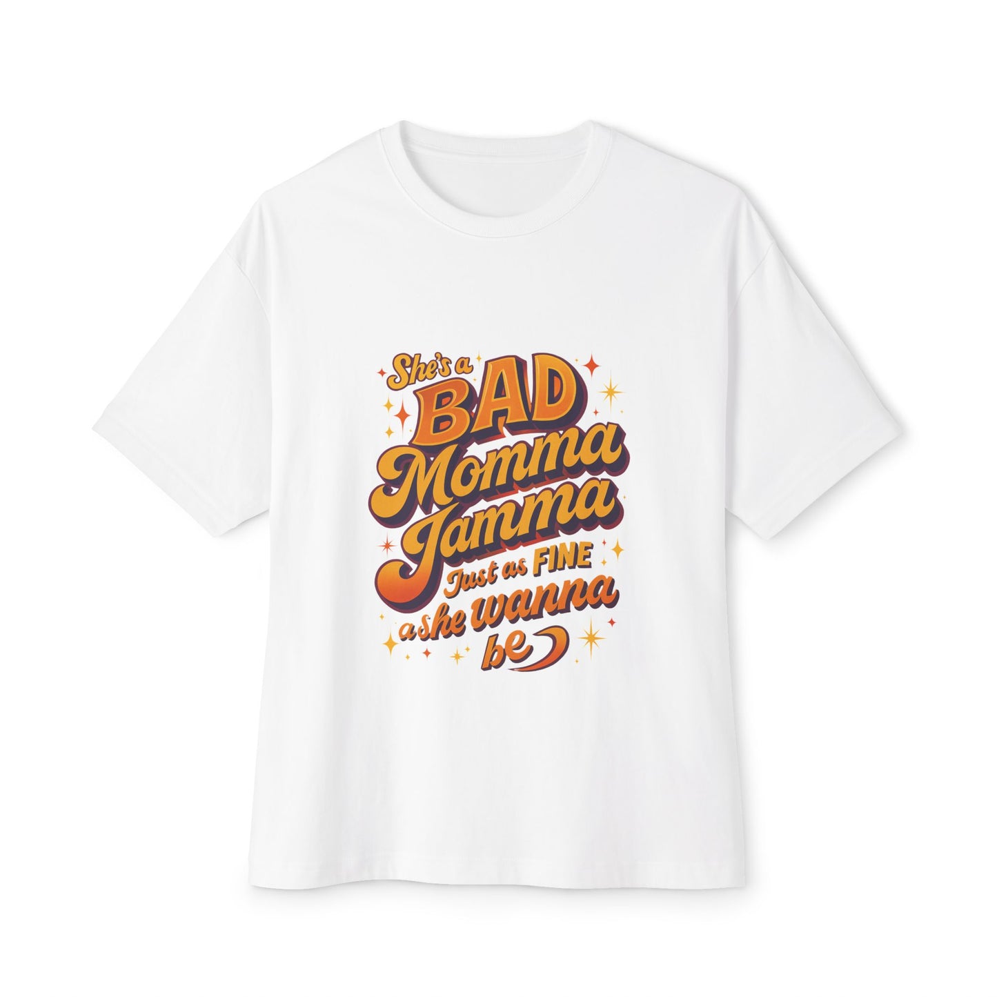 White t-shirt with colorful text design on a white background