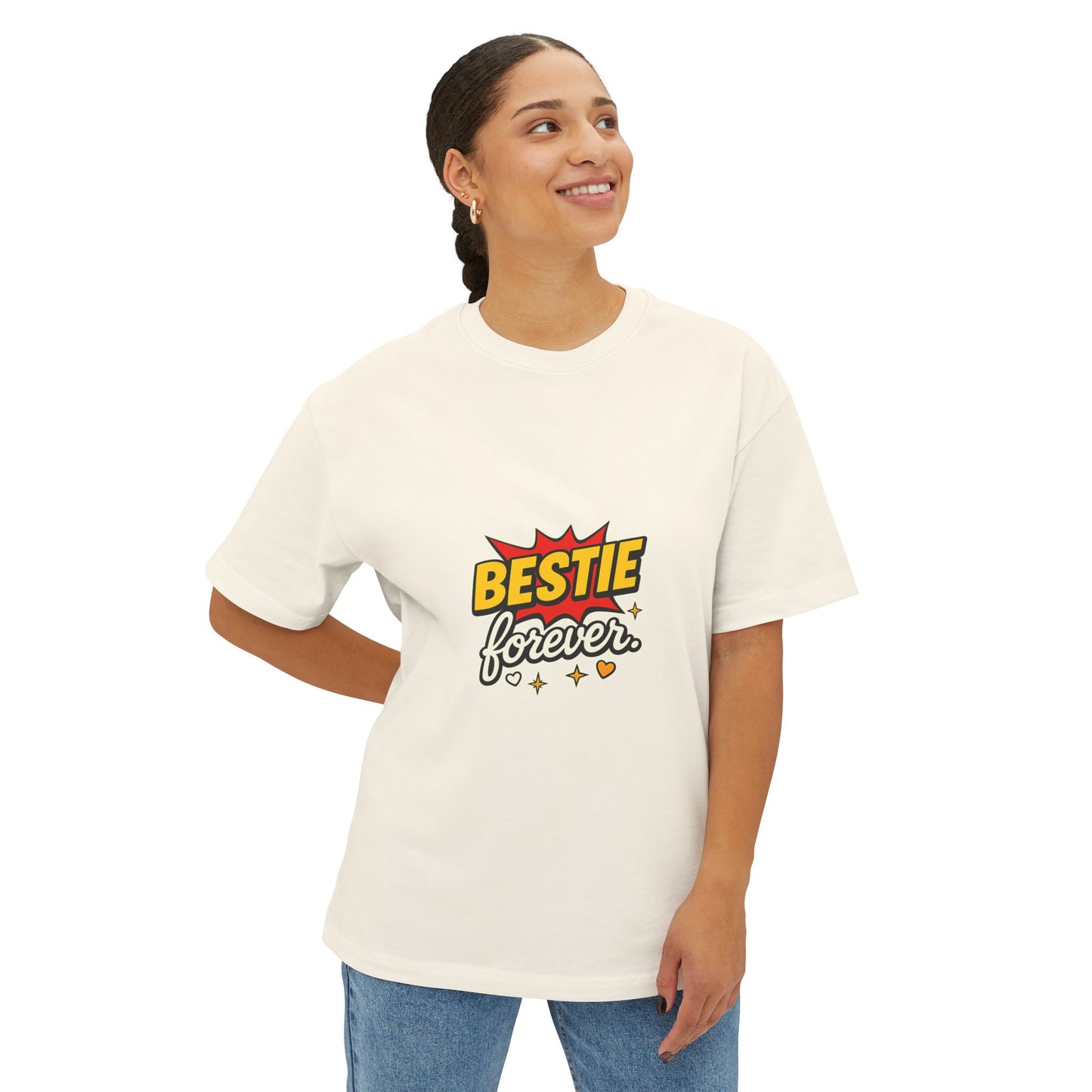 Woman wearing a white t-shirt with 'Bestie forever' text design on a white background