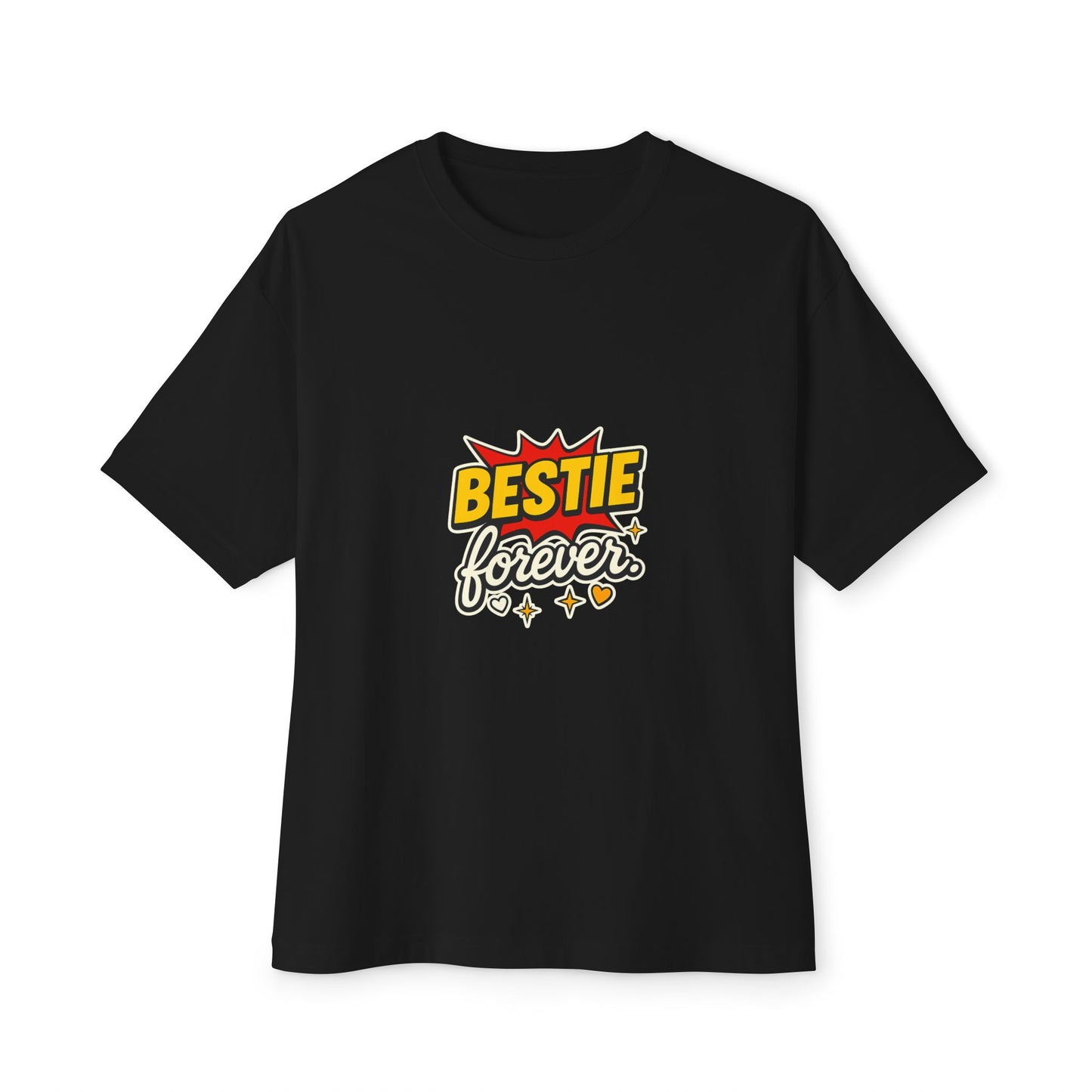 Black t-shirt with 'Bestie forever' graphic design on a white background