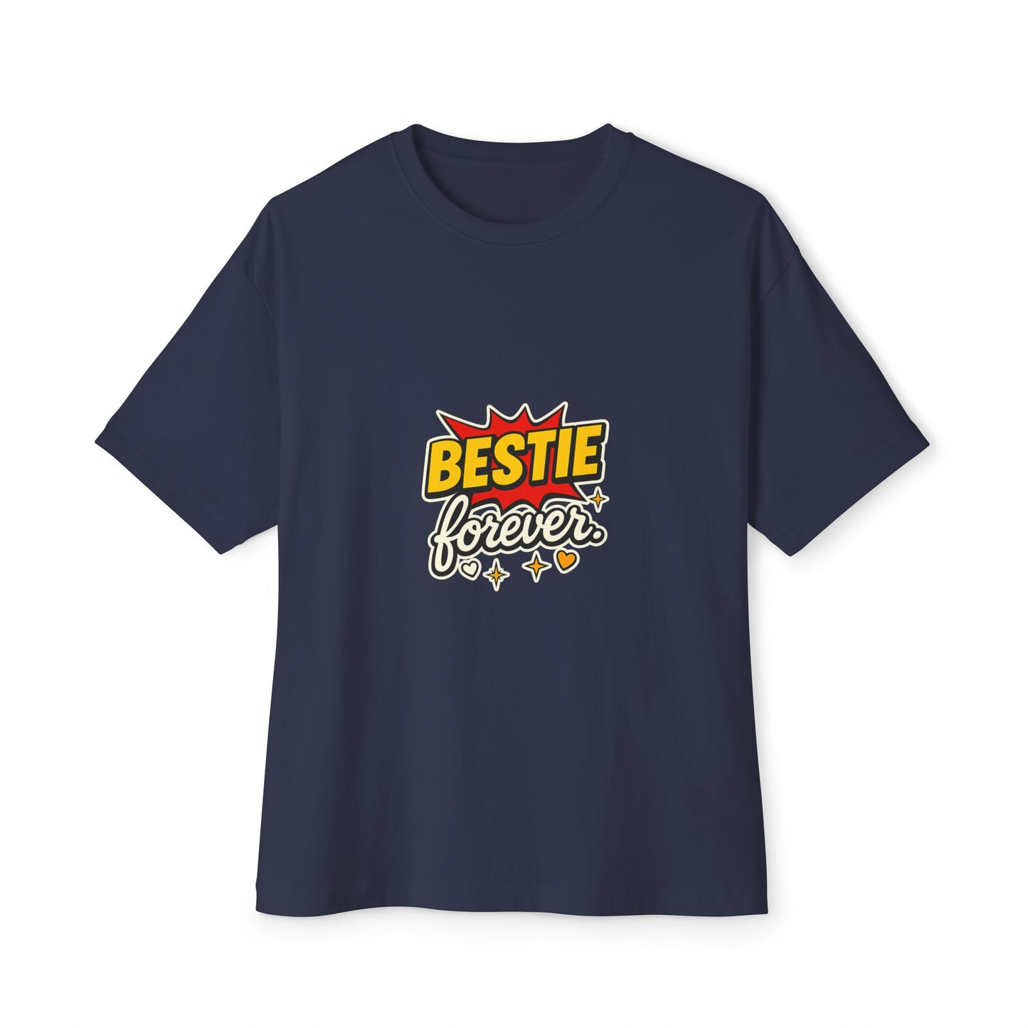 Navy blue t-shirt with 'Bestie forever' text design on a white background