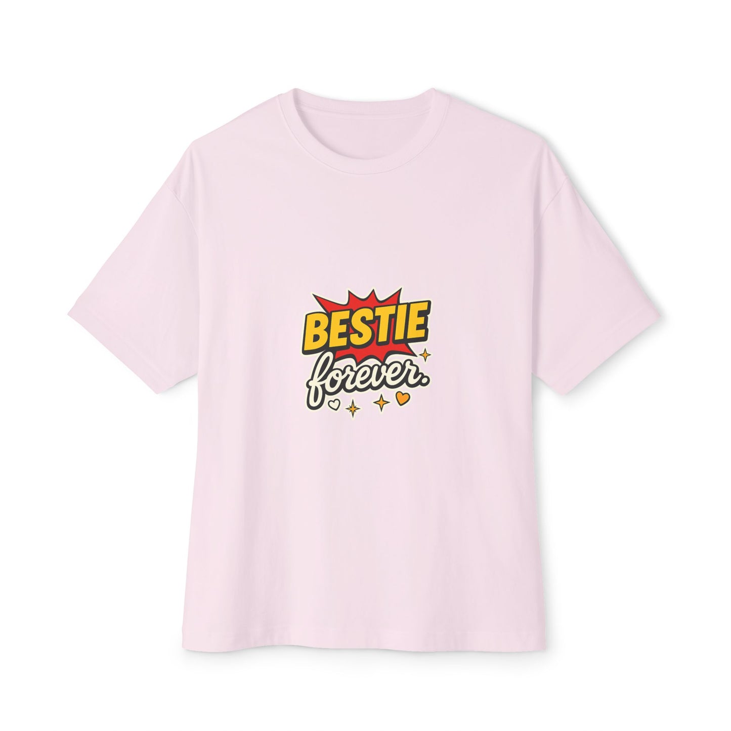 Pink t-shirt with 'Bestie forever' text design on a white background