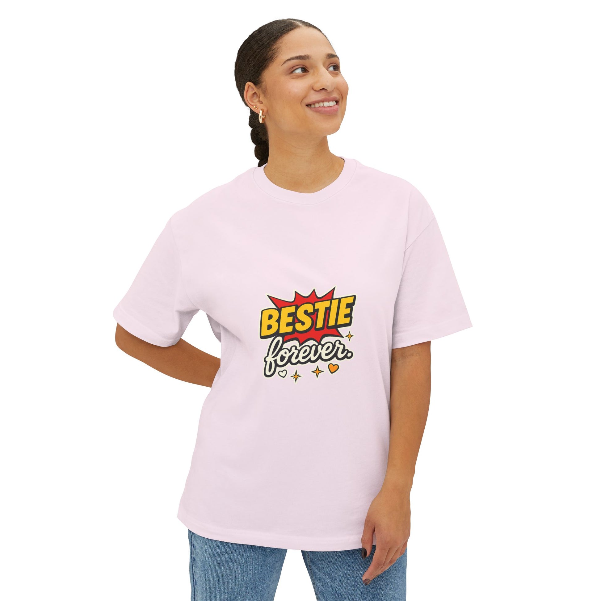 Person wearing a pink t-shirt with 'Bestie forever' text on a white background