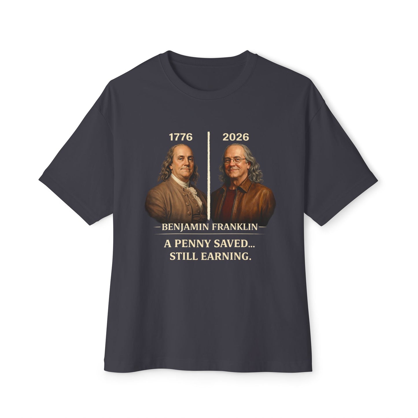 Gray t-shirt with Benjamin Franklin graphic and text on a white background