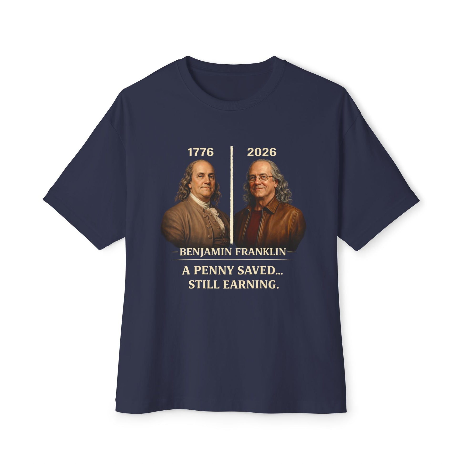 Navy blue t-shirt with a graphic of Benjamin Franklin and text on a white background