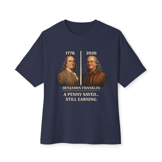 Navy blue t-shirt with a graphic of Benjamin Franklin and text on a white background