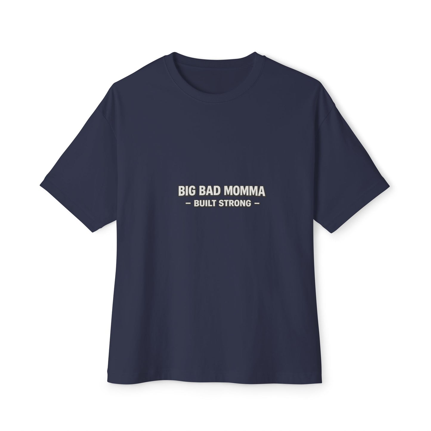 Navy blue t-shirt with white text on a white background