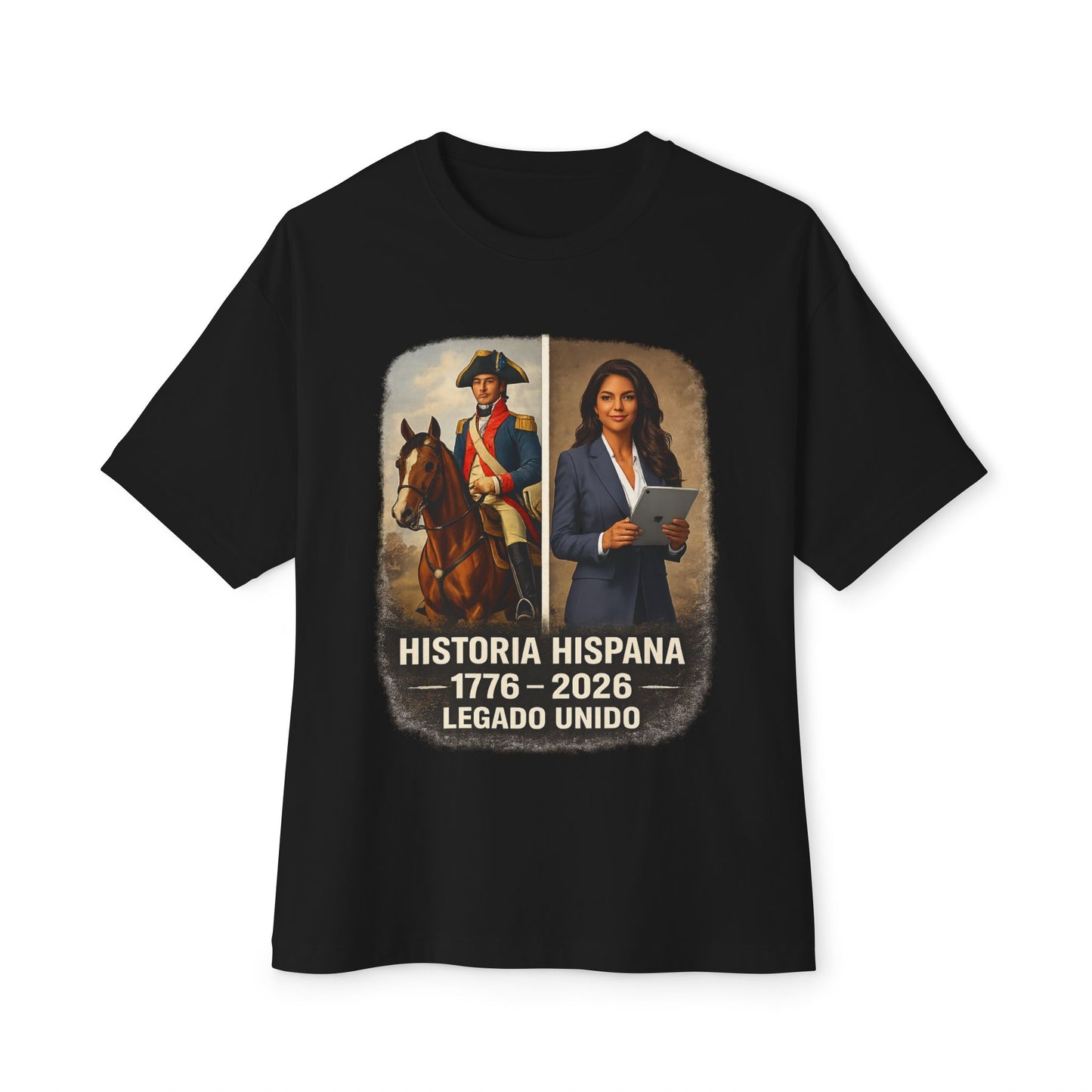 Black t-shirt with Hispanic history graphic featuring a man on horseback and a woman holding a document.