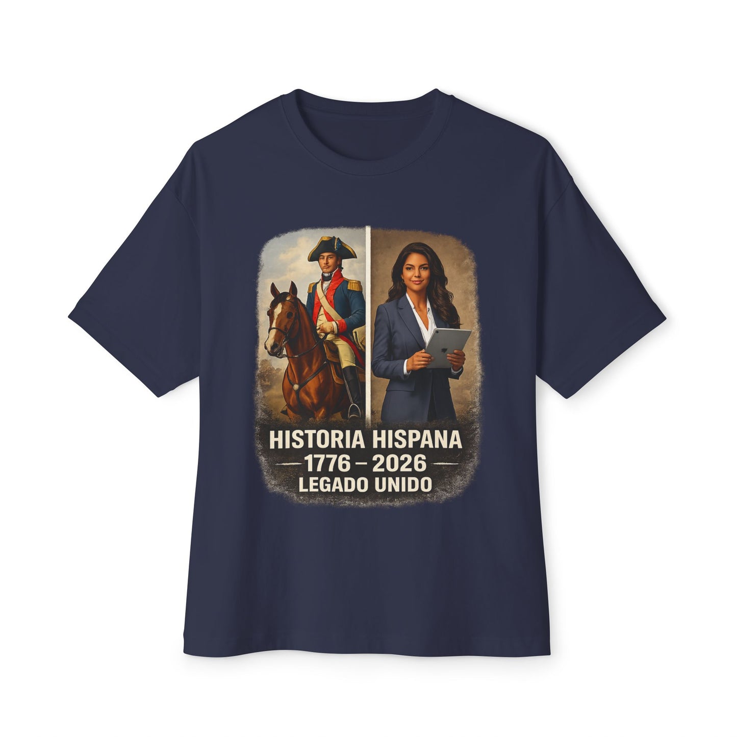 Navy blue t-shirt with a graphic of a man on horseback and a woman holding a tablet, with text 'Historia Hispana 1776-2026 Legado Unido' on a white background.