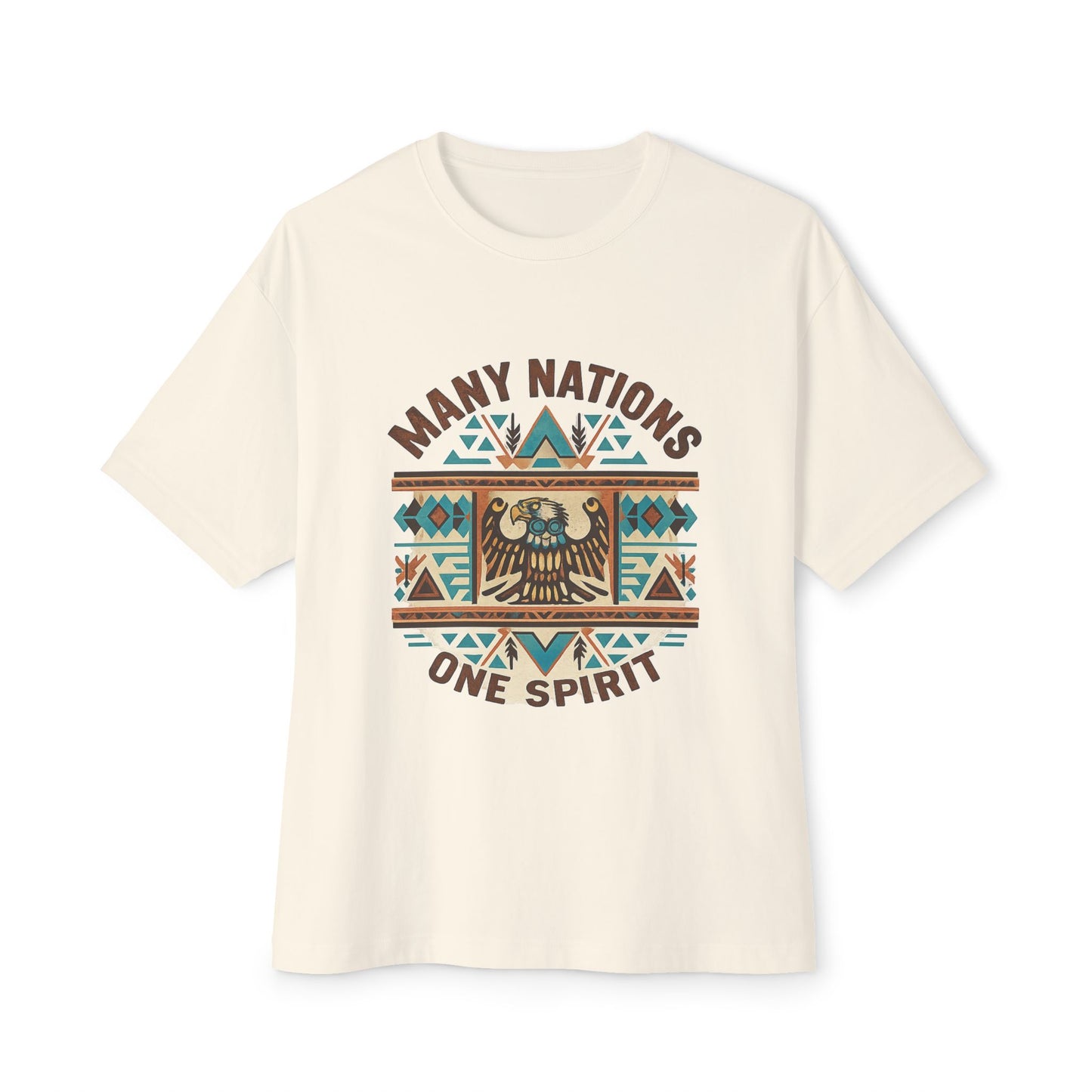 Beige t-shirt with 'Many Nations One Spirit' design on a white background