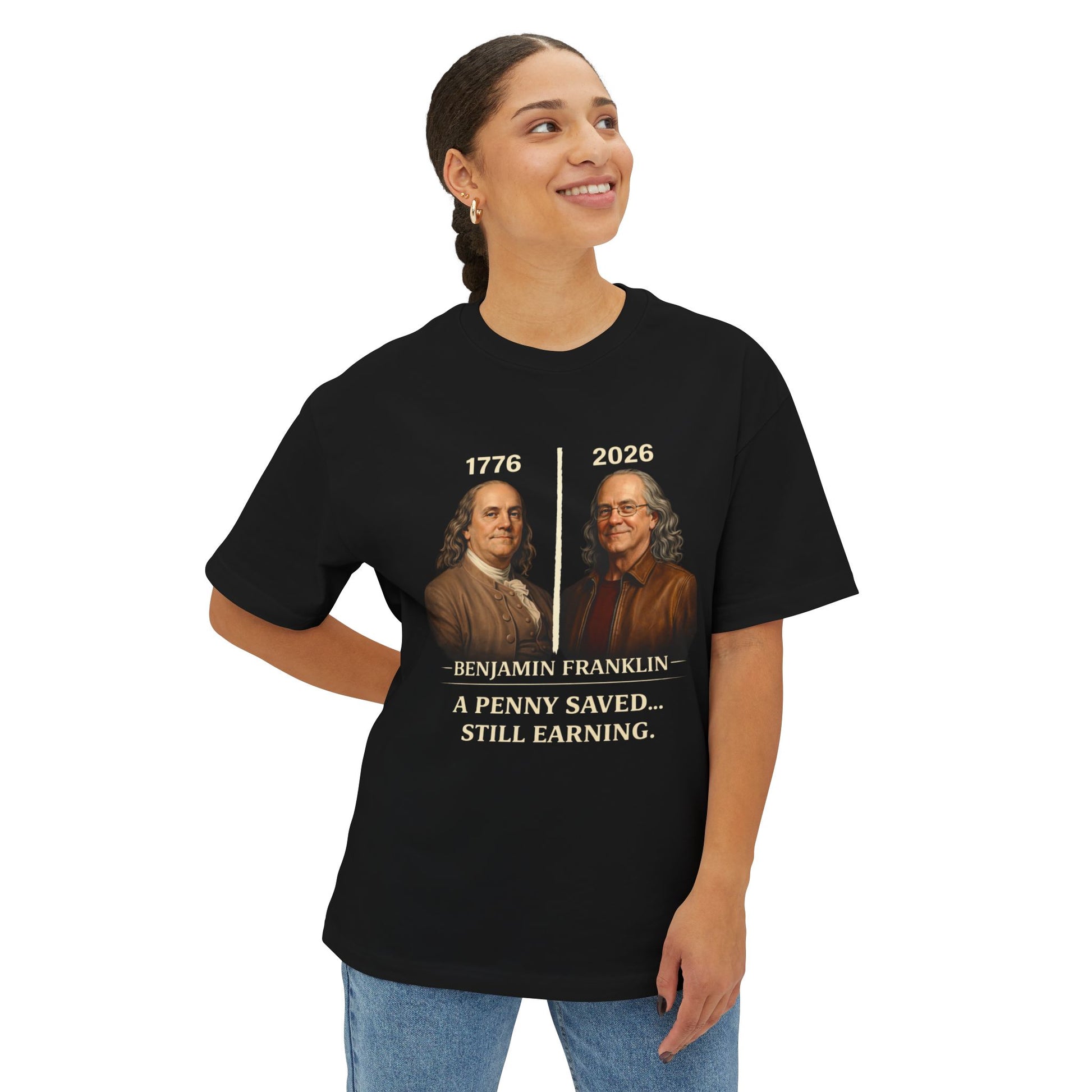 Female wearing a black t-shirt with Benjamin Franklin graphic and text.